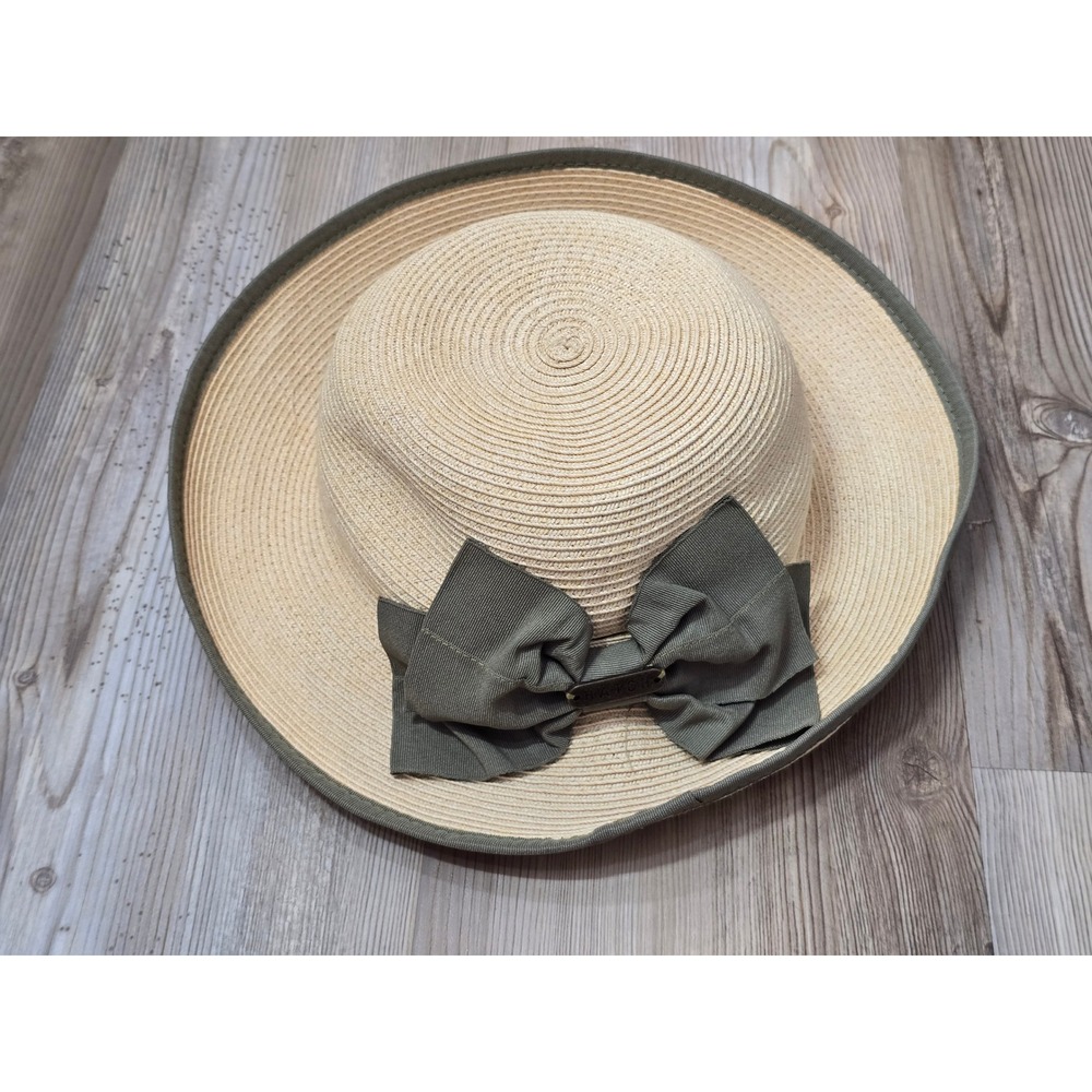 Hatch Straw Sun Hat Tan Wide Brim Olive Green Bow Ribbon Adjustable OSFM